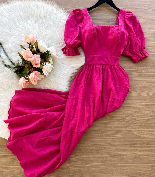 Vestido Longo Laise Manga Curta Princesa Pink Sempre Linda Loja