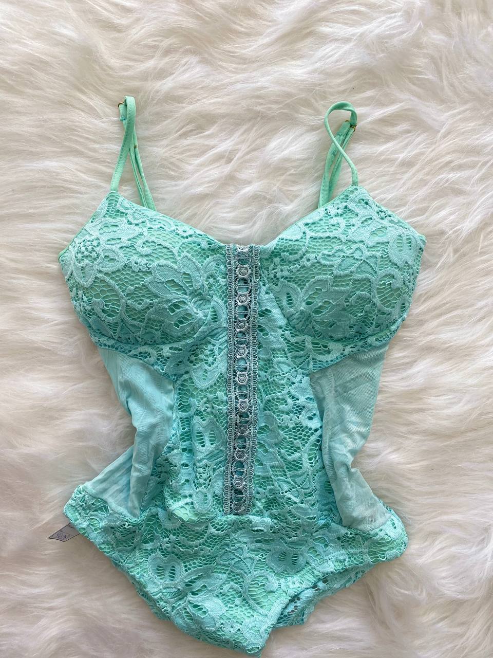 Body Feminino Renda Trançado Verde Água