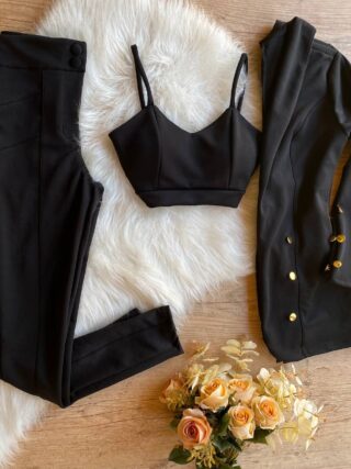 Conjunto Eloa Blazer + Cropped e Calça - Preto - Sempre Linda Loja