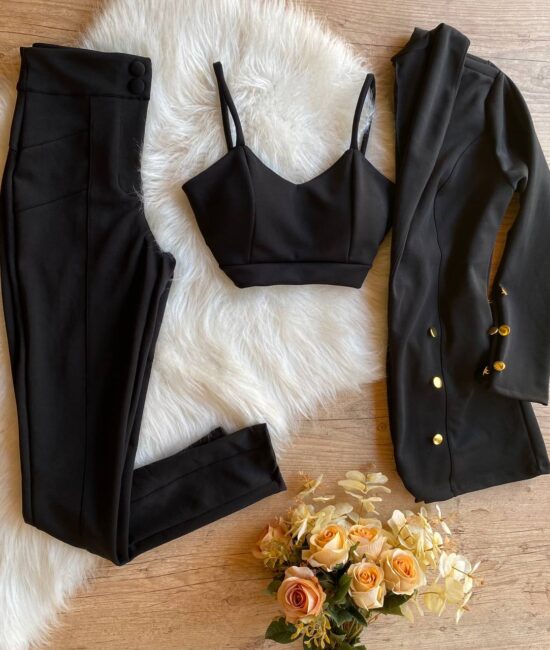 Conjunto Eloa Blazer + Cropped e Calça - Preto - Sempre Linda Loja