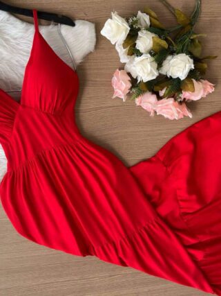 Vestido Elis Malha Lurex Vermelho - Detalhe Tule - Sempre Linda Loja