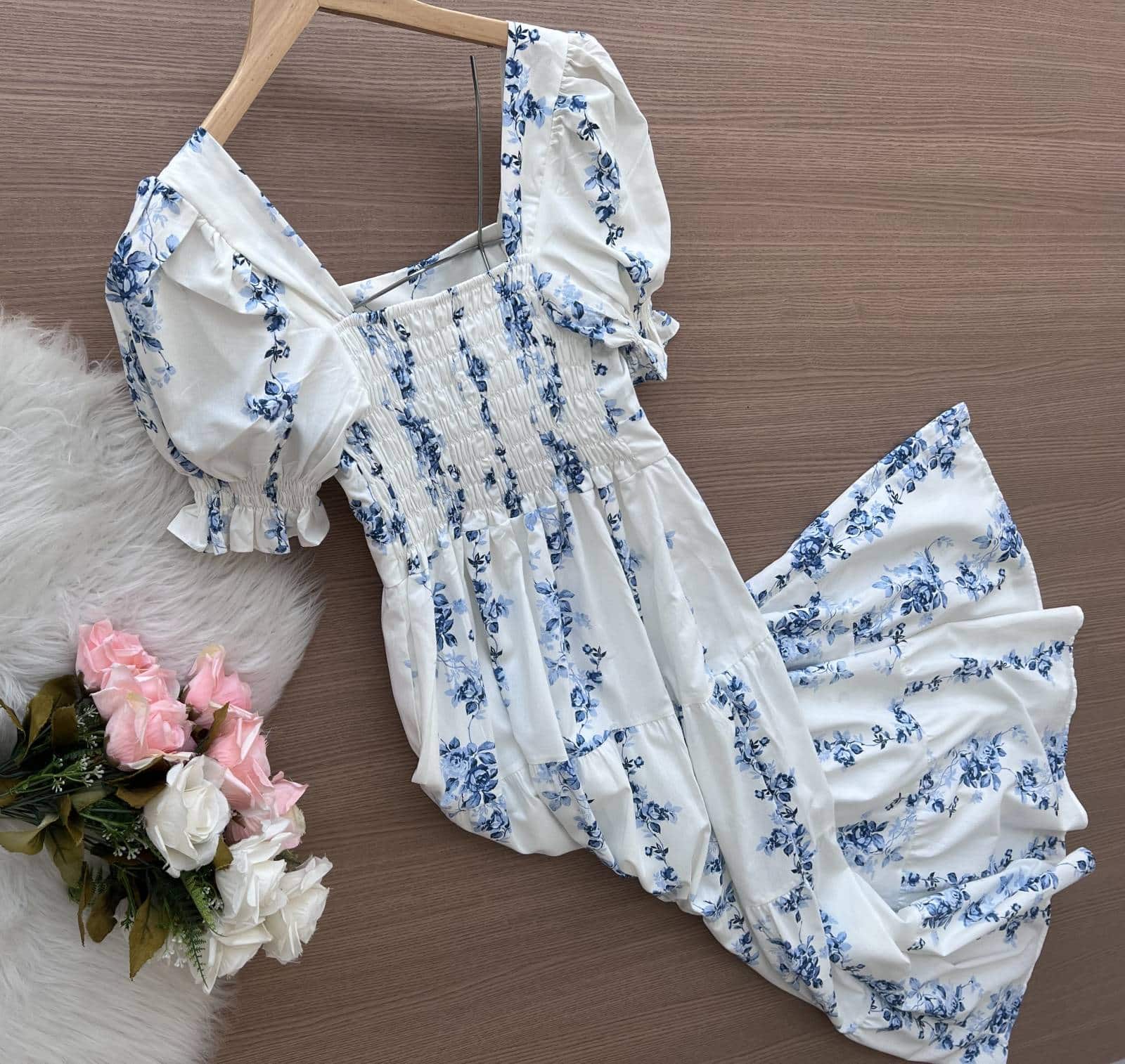 Vestido Longo sem Bojo Lastex na Cintura Manga Princesa Azul Bebe