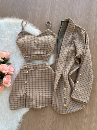 Conjunto Emily Blazer + Cropped e Short Saia – Quadriculado Nude - Sempre Linda Loja