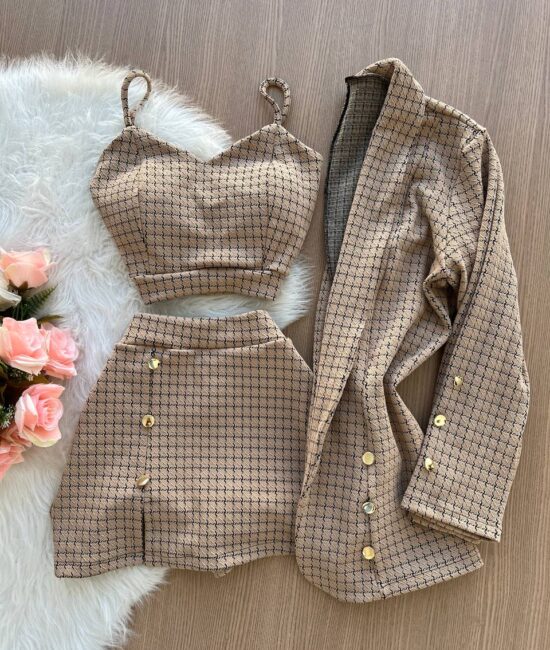 Conjunto Emily Blazer + Cropped e Short Saia – Quadriculado Nude - Sempre Linda Loja