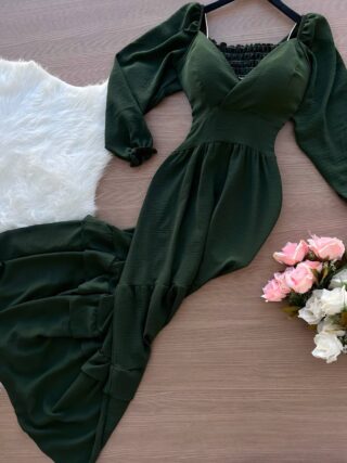 Vestido Longo com Manga 3/4 – Verde Militar - Sempre Linda Loja