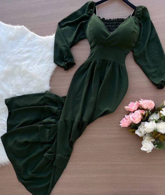 Vestido Longo com Manga 3/4 – Verde Militar - Sempre Linda Loja