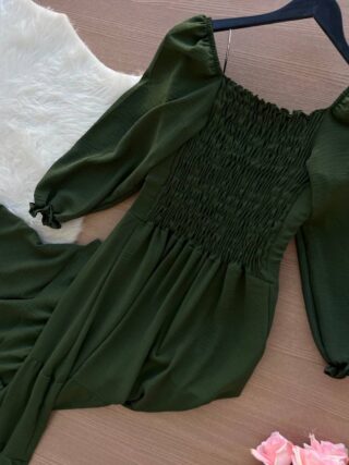 Vestido Longo com Manga 3/4 – Verde Militar - Sempre Linda Loja