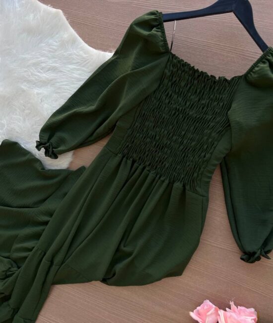 Vestido Longo com Manga 3/4 – Verde Militar - Sempre Linda Loja