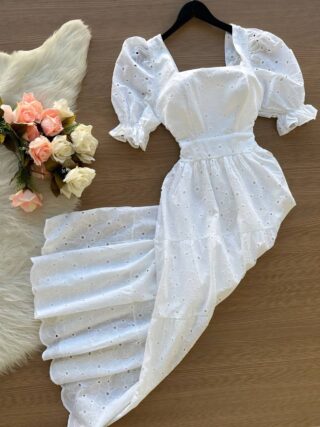 Vestido Longo Laise Manga curta Princesa - Branco - Sempre Linda Loja