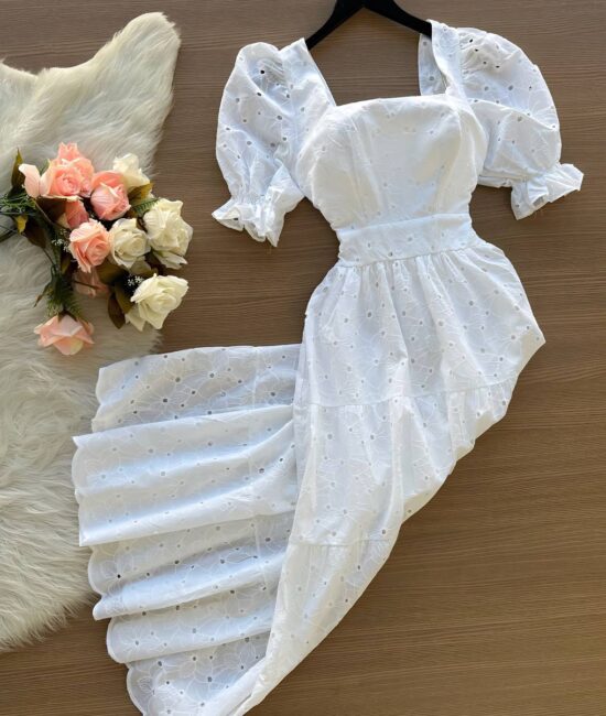 Vestido Longo Laise Manga curta Princesa - Branco - Sempre Linda Loja