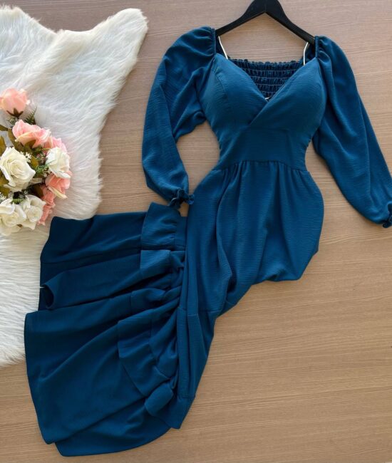 Vestido Longo com Manga 3/4 – Azul Petróleo - Sempre Linda Loja