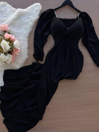 Vestido Longo com Manga 3/4 – Preto - Sempre Linda Loja