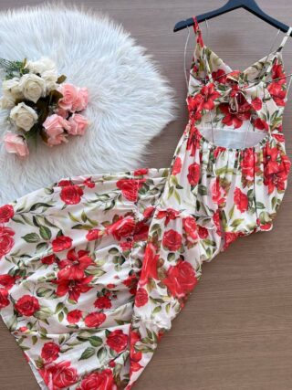 Vestido Longo Paola de Alça com Decote Transpassado Estampado Vermelho – Fundo Branco - Sempre Linda Loja