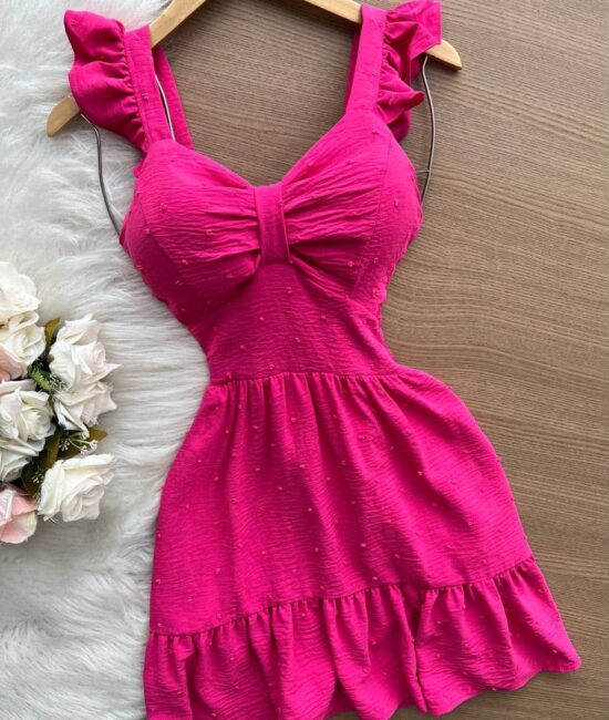 Vestido Maria Laura Curto c/ Detalhe no Decote – Pink - Sempre Linda Loja