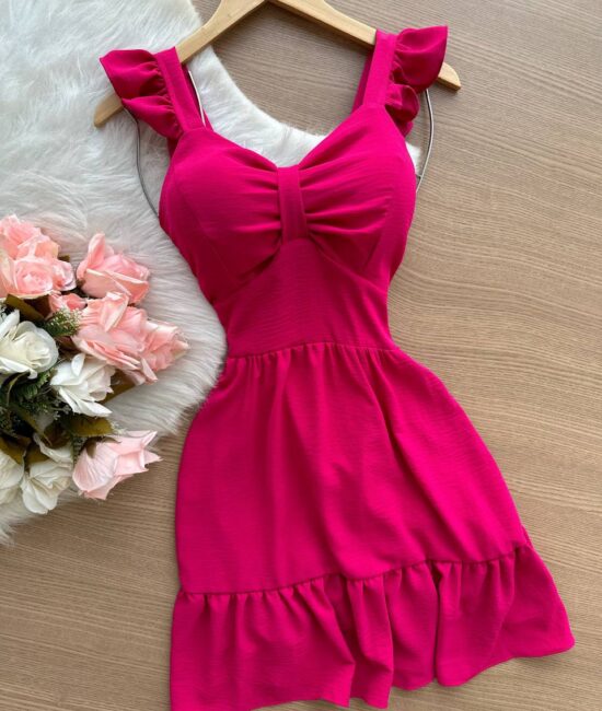 Vestido Maria Laura Curto c/ Detalhe no Decote Duna – Pink - Sempre Linda Loja