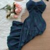 Vestido Midi Luiza c/ Alça Detalhe Aberto no Decote Azul Bodado – Verde - Sempre Linda Loja