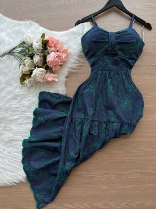 Vestido Midi Luiza c/ Alça Detalhe Aberto no Decote Azul Bodado – Verde - Sempre Linda Loja