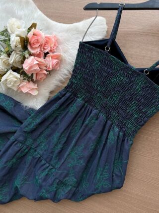 Vestido Midi Luiza c/ Alça Detalhe Aberto no Decote Azul Bodado – Verde - Sempre Linda Loja