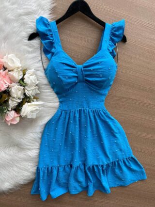 Vestido Maria Laura Curto c/ Detalhe no Decote – Azul Claro - Sempre Linda Loja