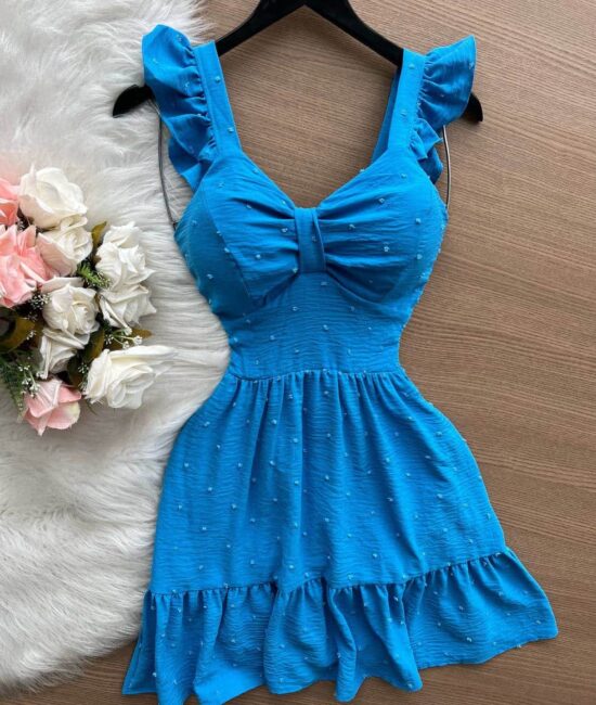 Vestido Maria Laura Curto c/ Detalhe no Decote – Azul Claro - Sempre Linda Loja