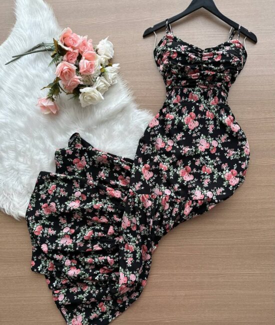 Vestido Longo Eliza Estampado – Preto - Sempre Linda Loja