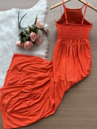 Vestido Longo Barbara Laise Bordado – Laranja - Sempre Linda Loja