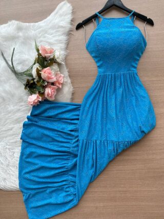 Vestido Longo Barbara Laise Bordado – Azul - Sempre Linda Loja