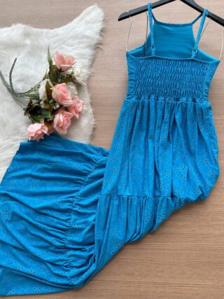 Vestido Longo Barbara Laise Bordado – Azul - Sempre Linda Loja