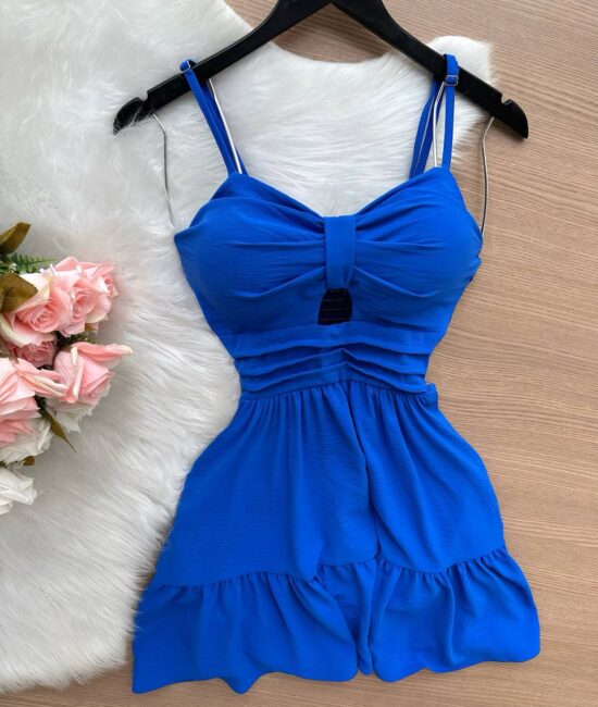 Vestido Curto c/ Alça Detalhe Aberto no Decote – Azul - Sempre Linda Loja