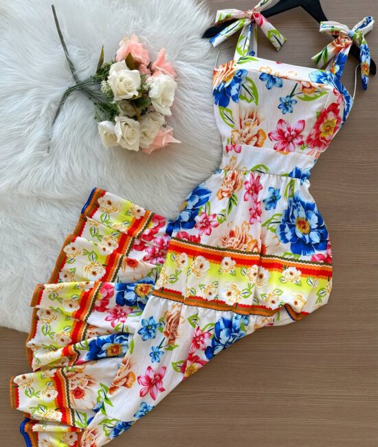 Vestido Longo Tropical Floral com Amarração no Ombro - Sempre Linda Loja