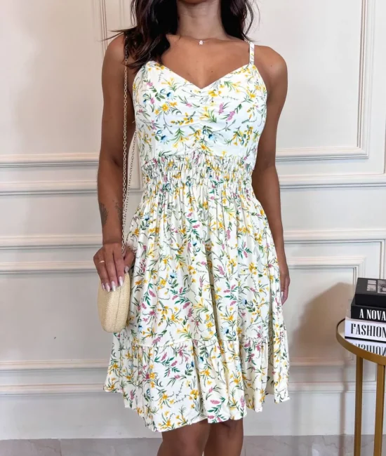 Vestido Maria Viscolinho Estampado – Branco - Sempre Linda Loja