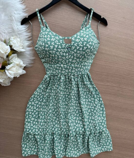 Vestido Yasmin Curto c/ Detalhe no Decote estampado Irís – Verde Menta - Sempre Linda Loja