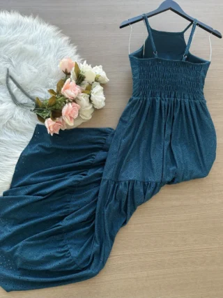 Vestido Longo Barbara Laise Bordado – Azul Petróleo - Sempre Linda Loja