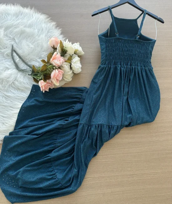 Vestido Longo Barbara Laise Bordado – Azul Petróleo - Sempre Linda Loja