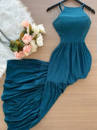 Vestido Longo Barbara Laise Bordado – Azul Petróleo - Sempre Linda Loja