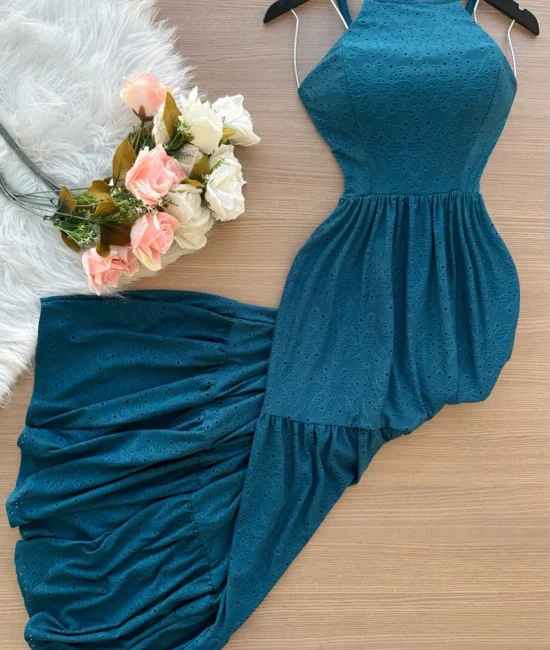 Vestido Longo Barbara Laise Bordado – Azul Petróleo - Sempre Linda Loja