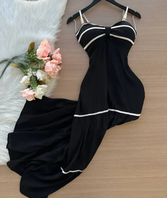 Vestido Longo Ayla c/ Alça Detalhe Aberto no Decote Listras – Cappucino - Sempre Linda Loja