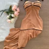 Vestido Longo Ayla c/ Alça Detalhe Aberto no Decote Listras – Cappucino - Sempre Linda Loja