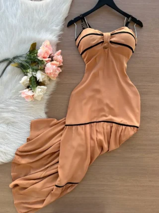 Vestido Longo Ayla c/ Alça Detalhe Aberto no Decote Listras – Cappucino - Sempre Linda Loja