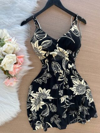 Vestido Curto Ayla c/ Detalhe Aberto no Decote Estampado  – Preto - Sempre Linda Loja