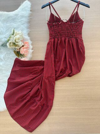 Vestido Midi Maria Luiza c/ Alça Detalhe Aberto no Decote Xadrez - Vermelho - Sempre Linda Loja