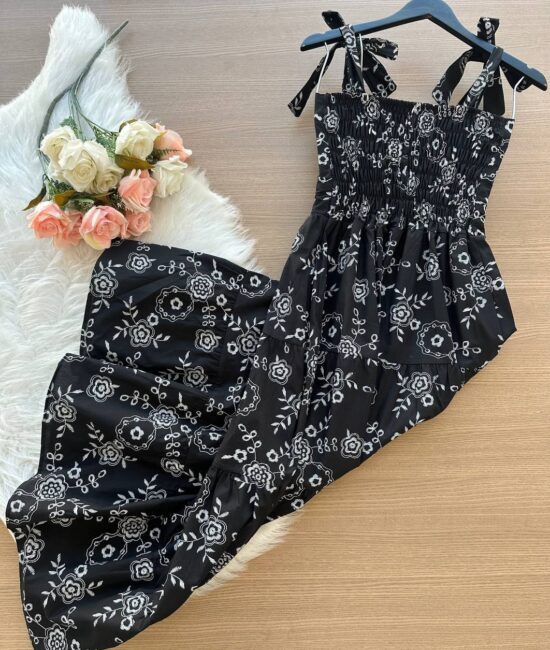 Vestido Longo Hortênsia com Amarração no Ombro Preto - Estampado - Sempre Linda Loja