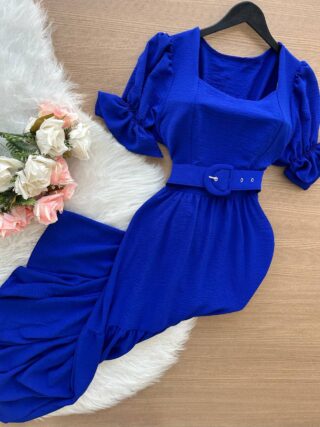 Vestido Midi Dandara Com Manga Princesa com Cinto - Azul Bic - Sempre Linda Loja