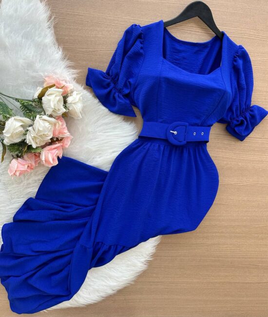 Vestido Midi Dandara Com Manga Princesa com Cinto - Azul Bic - Sempre Linda Loja