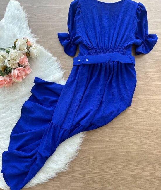 Vestido Midi Dandara Com Manga Princesa com Cinto - Azul Bic - Sempre Linda Loja