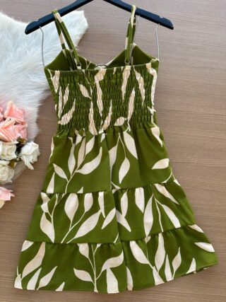 Vestido Curto Brenda Estampado Folhas – Verde Oliva - Sempre Linda Loja