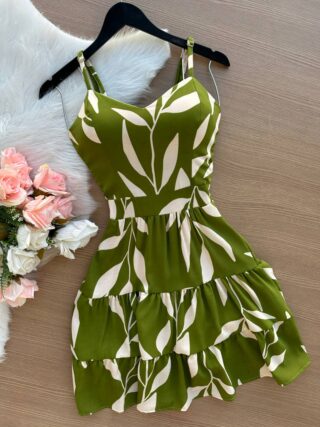 Vestido Curto Brenda Estampado Folhas – Verde Oliva - Sempre Linda Loja