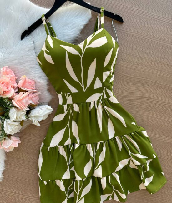 Vestido Curto Brenda Estampado Folhas – Verde Oliva - Sempre Linda Loja