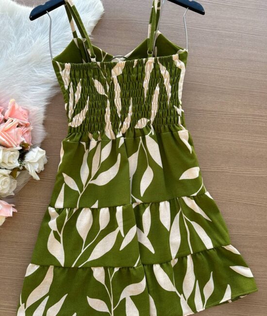 Vestido Curto Brenda Estampado Folhas – Verde Oliva - Sempre Linda Loja