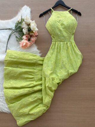 Vestido Longo Barbara Tricoline Bordado – Verde Lima - Sempre Linda Loja